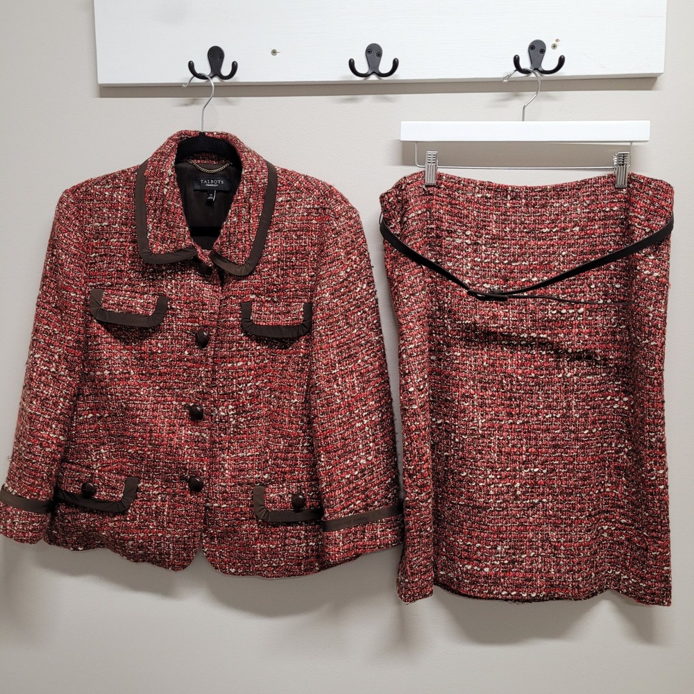 Talbots Womens Red Wool Blend Tweed Skirt Suit Set Jacket Size 14 T05-0008